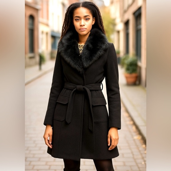 Marciano Wool Blend Tie-Waist Collar Coat Jacket, Chocolate Brown, Size S/P - Picture 10 of 13